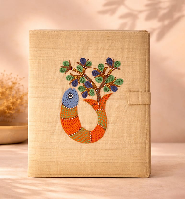 Handcrafted Gond Fabric File Folder – Fish and Tree Pattern