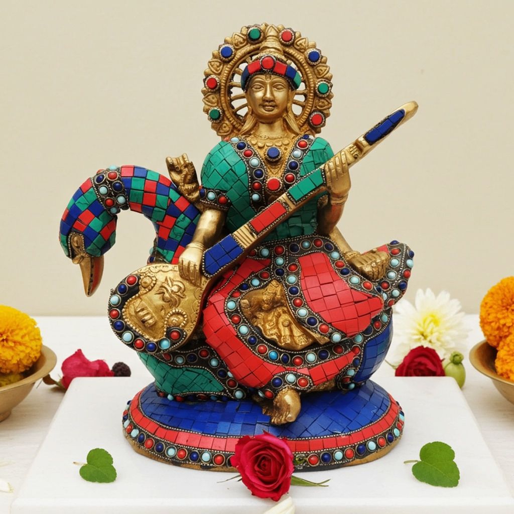 Brass Saraswati Statue - Handcrafted Home Decor Idol, Height : 12 Inch (BSMAS522)