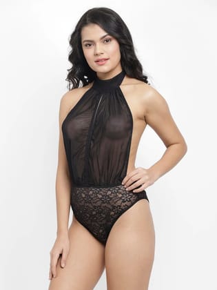 Black Sheer Halter Neck Bodysuit for Women – Lace Transparent Lingerie