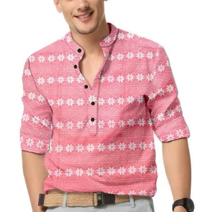 Men's Printed Spread Collar Casual Shirt Pink