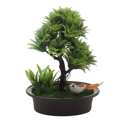FOLIYAJ Artificial 3 Branch Bonsai Tree with Bird and Bushes|Bonsai Tree|Artificial Flower|with Pot|Home D�cor for Living Room Home Office Shop|House|Gift|Decoration