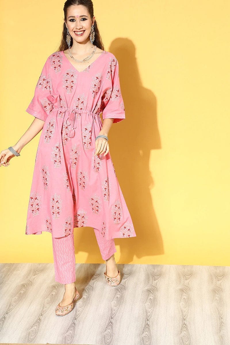 Pink Cotton Floral Printed Kaftan Set VKAFSET1004