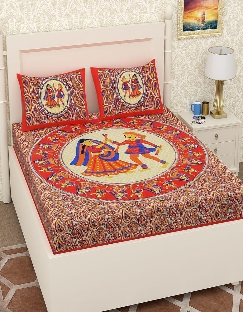 3001-Hometrade India-Standard King Size (90*108 Inches)-Pure Cotton Jaipuri Double Bedsheet With Matching Pillow Cover