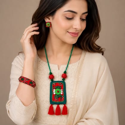 Handmade Fabric Jewellery Set for Women Green Red Casual Lightweight