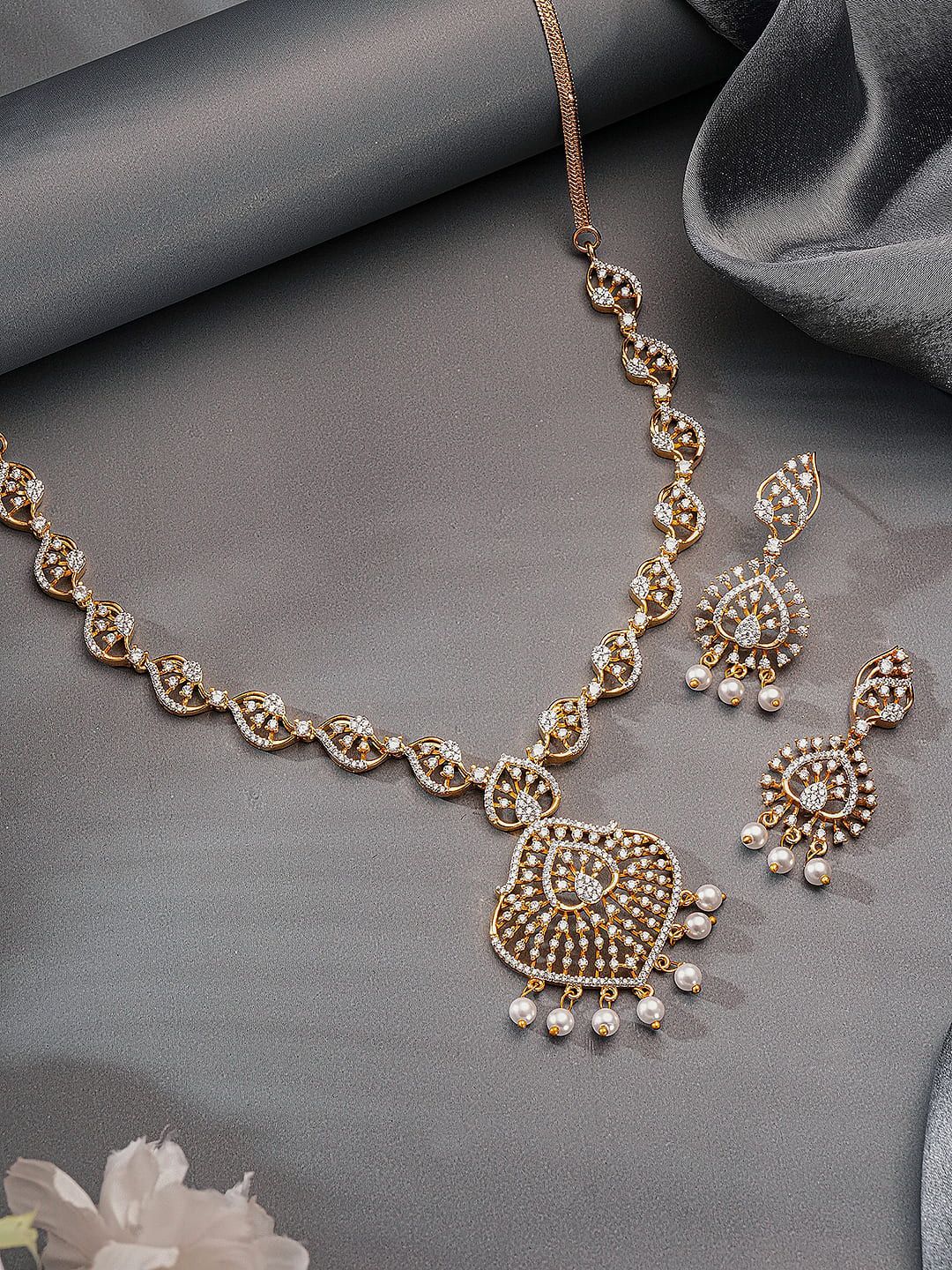 Gold plated White AD Zircon Studded  Pendant Minimal  Jewellery Set