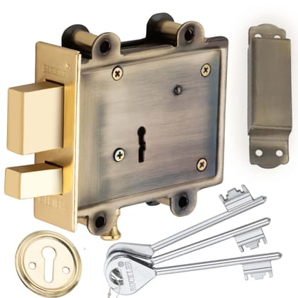 BUCKLER Main Gate Door Lock for Home/Office/Godown, Slider and Double Action Heavy Duty Lock Set for Extra Security with 3 Keys (100MM, 8 Levers, Brass Gold Antique)