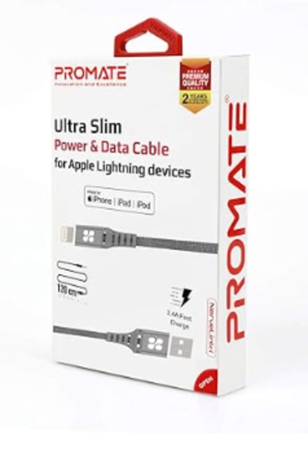 Promate Lightning Cable, Apple Mfi Certified Nylon Braided Lightning 1.2M Cord With 2.4A Nervelink-I Grey