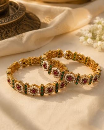 Traditional Gold-Toned Red and Green Stone Embellished Bangle Set