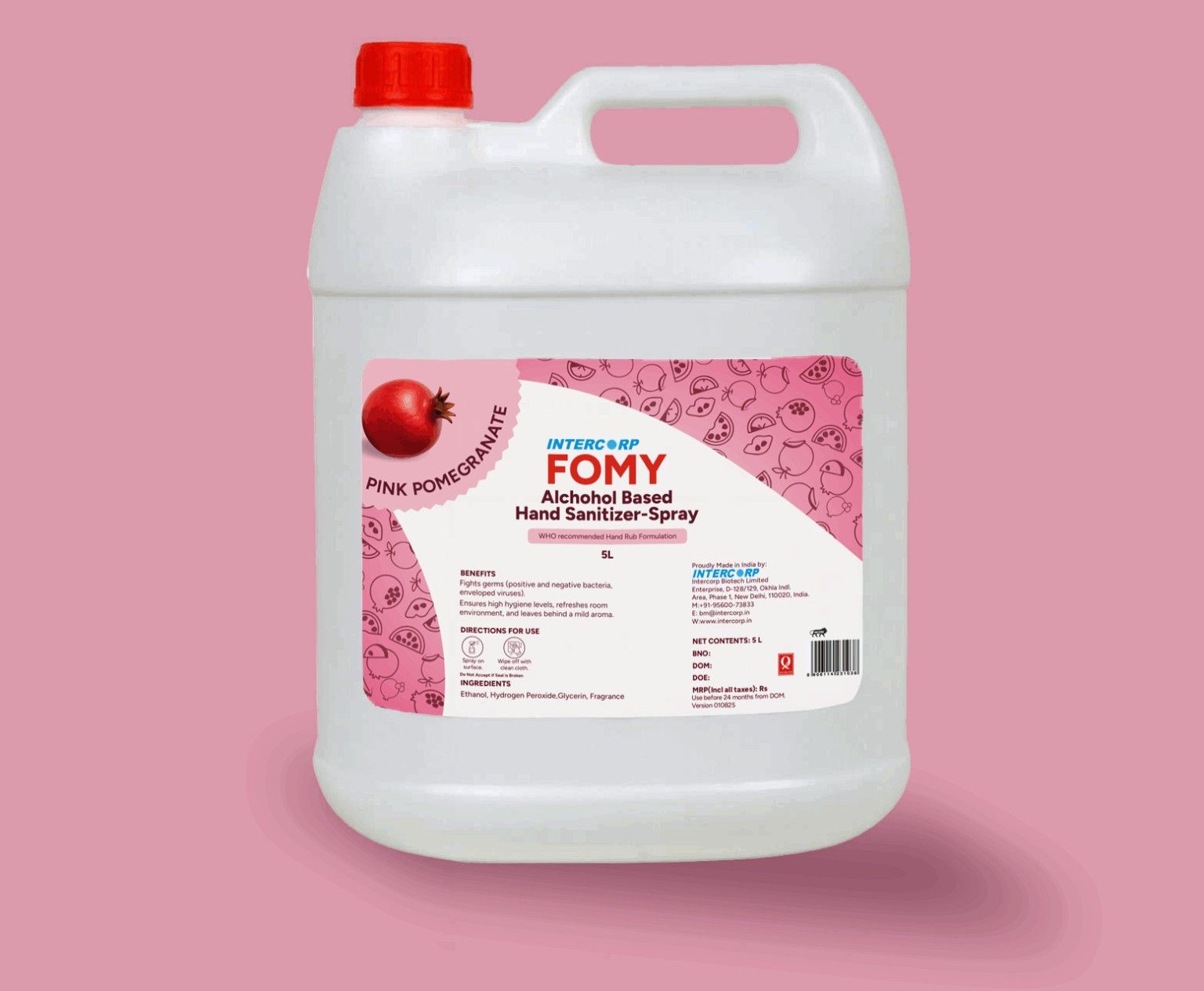 Intercorp Fomy 75% Isopropyl Alcohol-based Hand Rub Sanitizer and Disinfectant, Jumbo Saver Pack - 5 Litre (Pomegranate)
