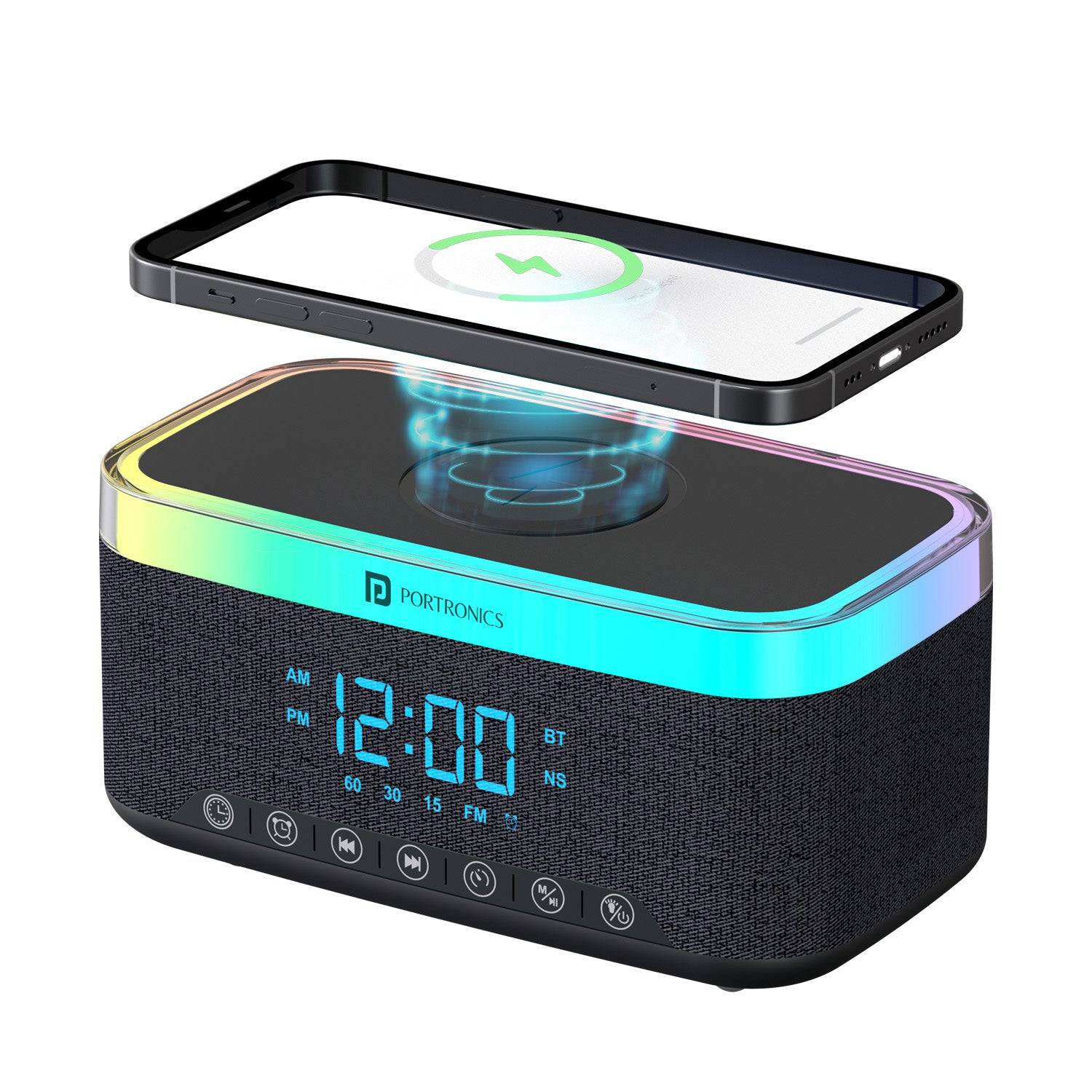 Portronics Trifusion 16W HD Sound Bluetooth Speaker with 15W Wireless Charging, 360°RGB LED Lights, Digital Clock with Alarm Setting, Built-in White Noise, USB, SD Card, AUX in, Type C Charging