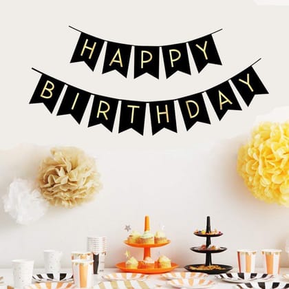 Happy Birthday Banner Black and Gold Birthday Bunting Stylish Decorations and Party Supplies