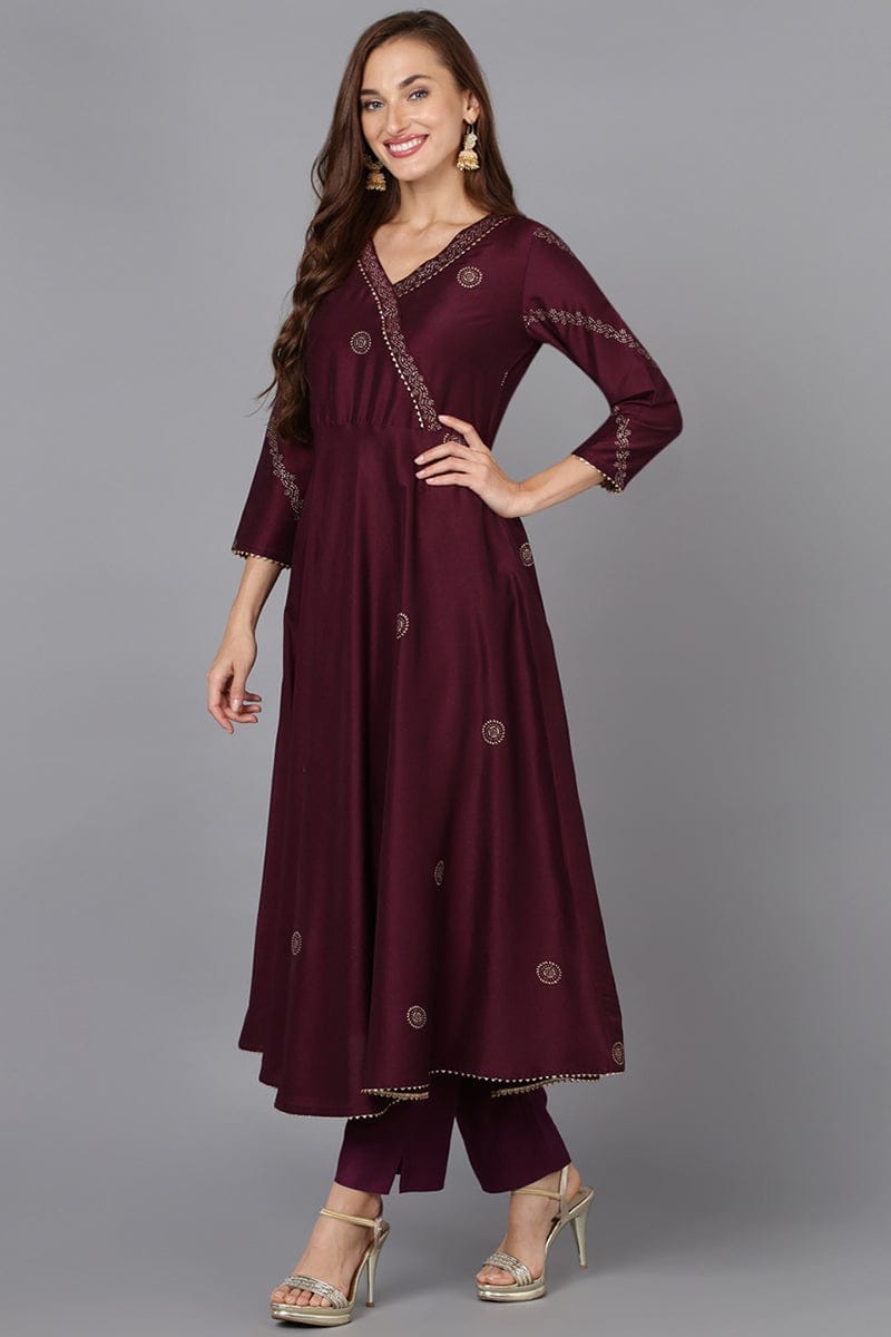 Burgundy Silk Blend Anarkali Woven Design Kurta Pant With Dupatta PKSKD1918