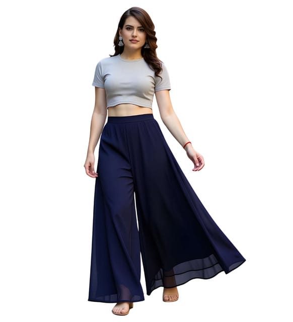 Generic Women's Georgette Solid High-Rise Wide Leg Flared Palazzo Pants with Elastic Waist, Ankle Length Trousers for Daily, Office and Casual Wear (Navy Blue, 2XL, Pack of 1, Design 67538)