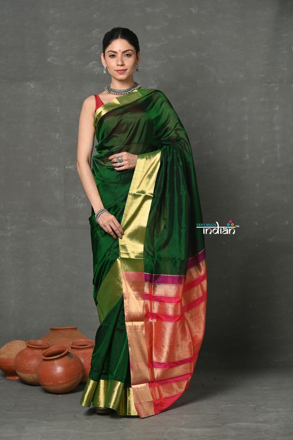 Tyohaar ~ Handloom Pure Chanderi Cotton Silk Saree With Golden Border - Green