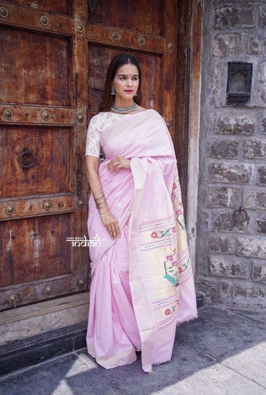 Dhun Bestseller ~ Authentic Handloom Cotton Paithani in Subtle Light Pink Color With Traditional Asawali Pallu, High Quality Cotton