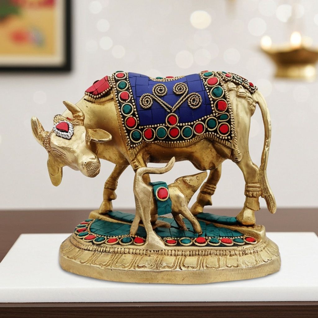 Brass Cow and Calf Showpiece Statue - Auspicious Gaye Bachada Murti for Home & Office,  Height : 5 Inch (BSMAS382)