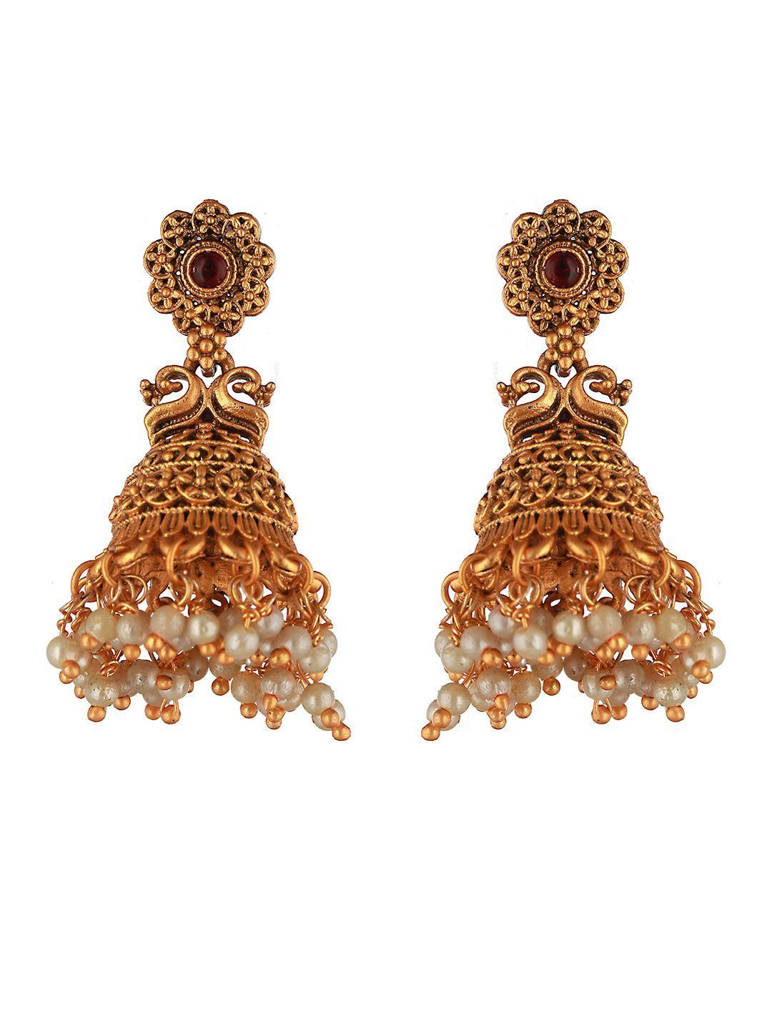 Gold Plated Peacock Figure temple Jhumka Earrings