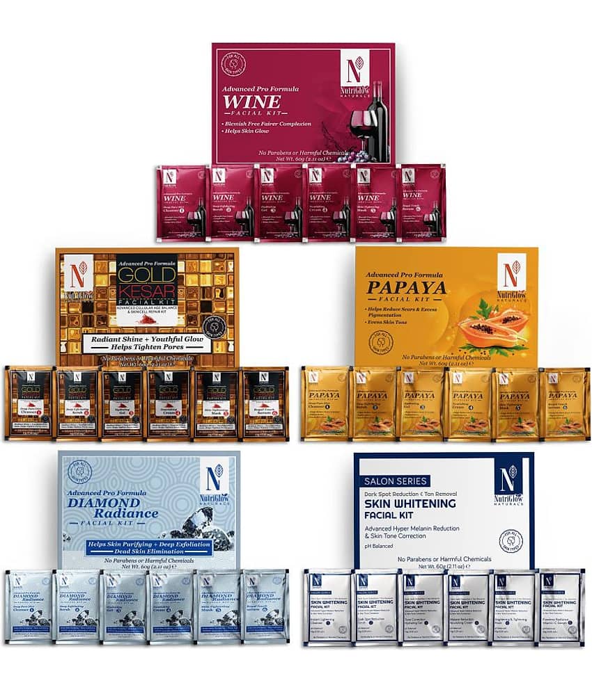 Nutriglow NATURAL'S Wine, Papaya, Gold Kesar, Skin Whitening, Diamond Radiance Facial kit Each 60gm (Pack of 5)