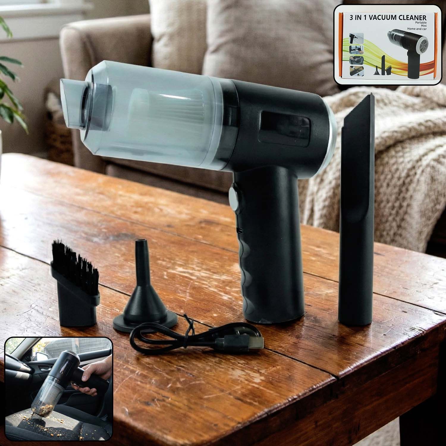 3 in 1 Mini Car Vacuum  Wireless, Rechargeable, Blower & Dust Cleaner for Car & Home