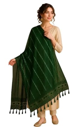 Organza Green Color Dupatta With Mirror Work And Striped Design Adorned With Elegant Tassels For Festive Ensembles That Elevate Your Style With Graceful Drape