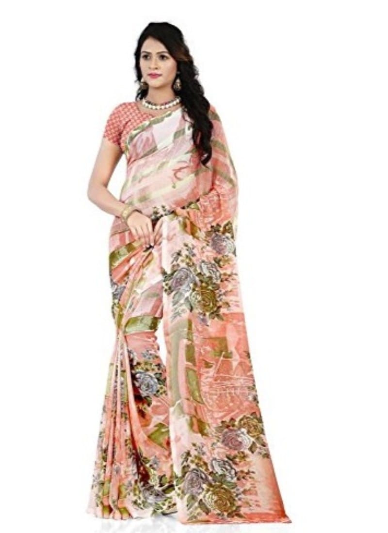 Printed Faux Georgette Orange Color Saree