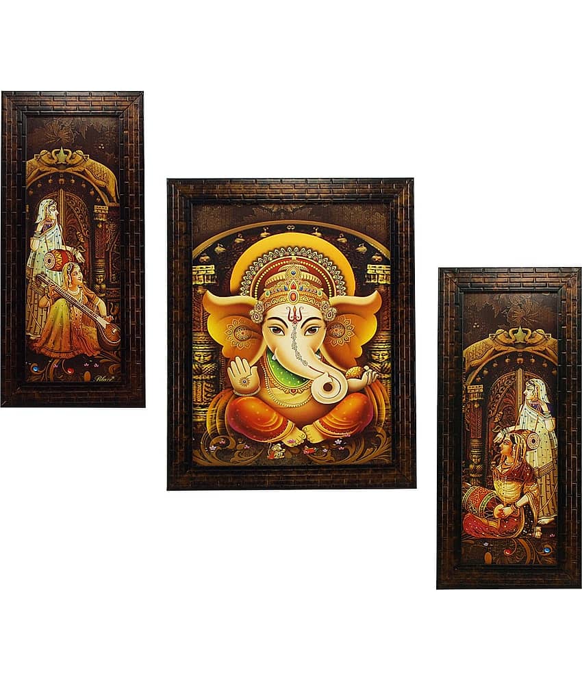 Indianara Lord Ganesha Wood Painting With Frame Set of 3