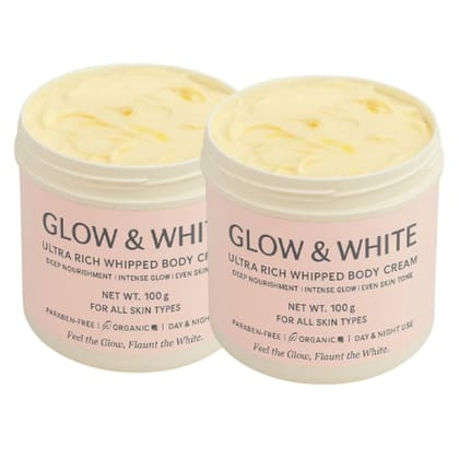 Glow & White Ultra Rich Body Cream for Deep Moisturizing & Bright Skin | Paraben-Free Whipped Formula | Day & Night Use | For All Skin Types | Pack of 2 x 100g | Organic Nourishment