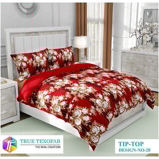 BLACK BEE  White flower on maroon base double bedsheet with 2 Pillow Covers (208 X 213 cm)(BS30-07)