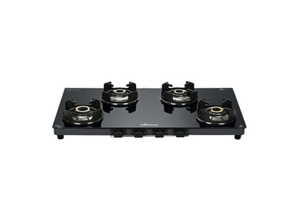 Surya Flame Neo Turbo Gas Stove 4 Burners Glass Top, 5 Years Warranty, 4 Burner Stove, 4 Burner Gas Stove Glass Top, 5G Brass Burners with Jumbo Burner, Flame Guard Pan Support & Metal knobs - Black