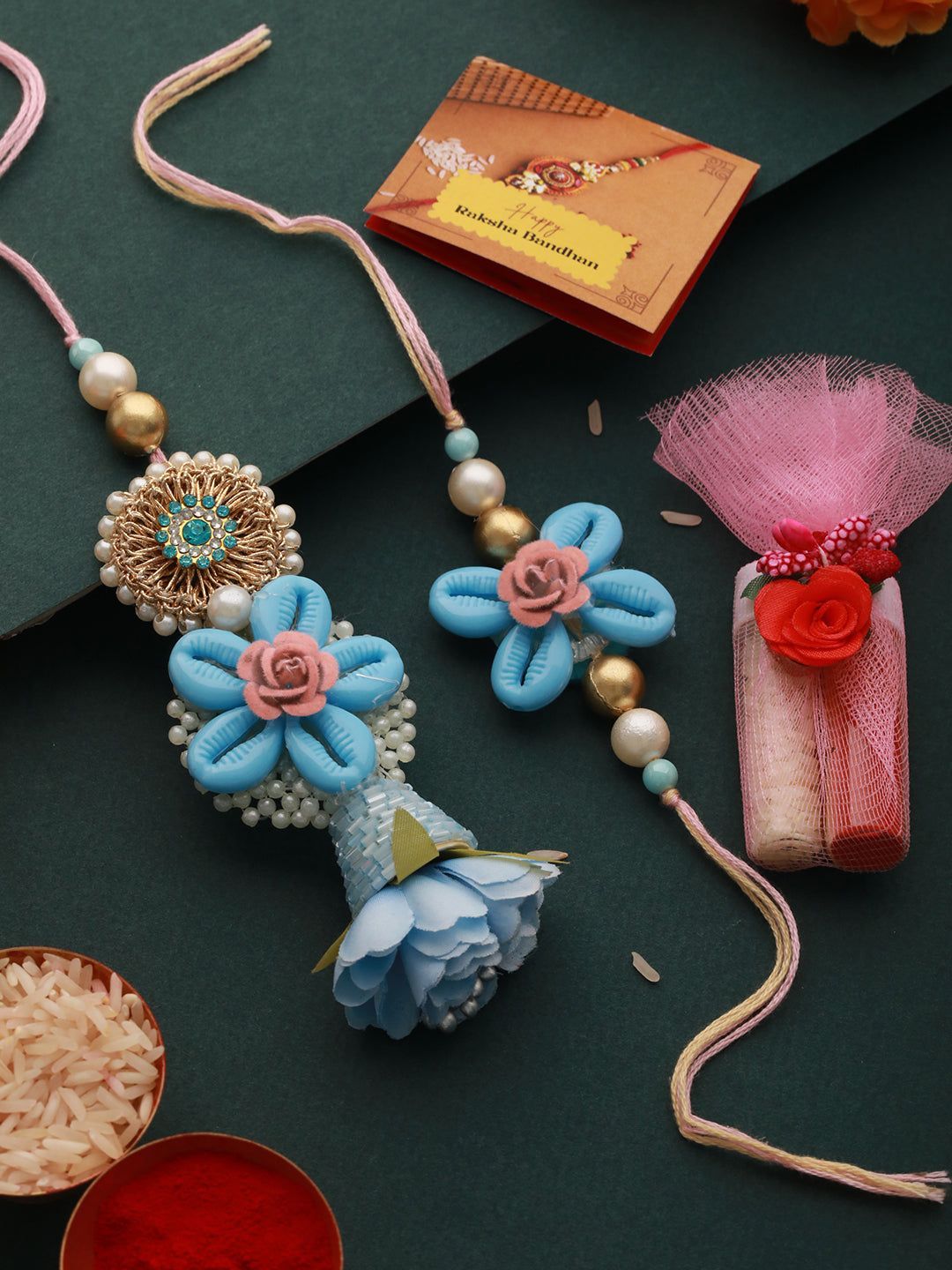 Set of 2 Blue Shell Studded & Pearl Beaded Rakhi Lumba Set