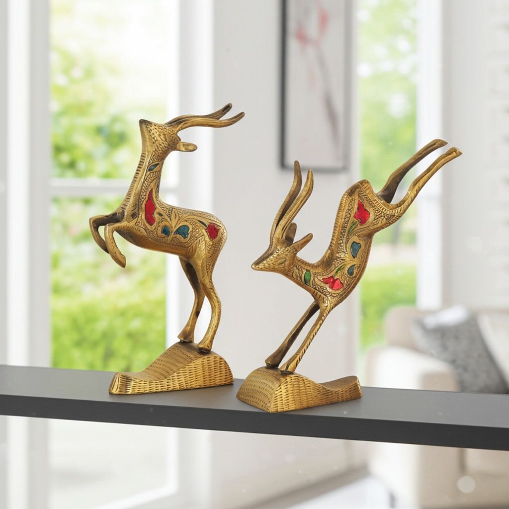 Antique Finish Brass Running Deer Sculpture for Home Decor, Height : 7 Inch (ANMAS023 C)