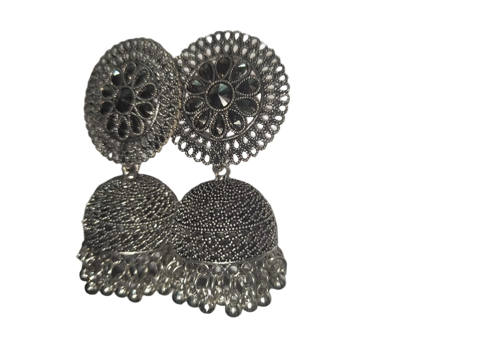 Oxidized German Silver Jhumka Earrings with Stone for Women
