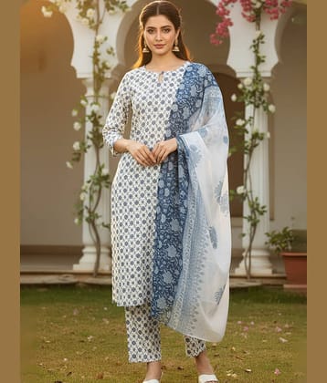 Vaamsi Women Polyester Printed Straight Kurti With Pants ( White )