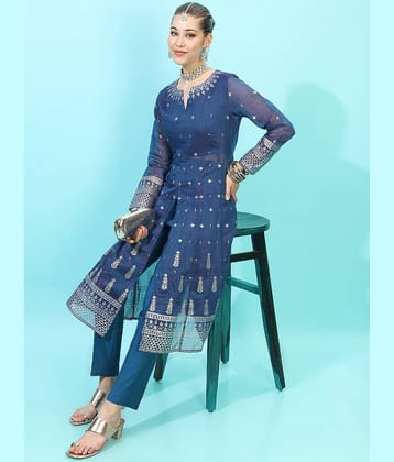 Vishudh Women Chanderi Printed Straight Kurti With Pants ( Blue )