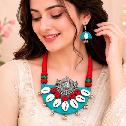 Handmade Fabric Necklace Earring Set for Women Sea Green Casual Lightweight Skin Friendly
