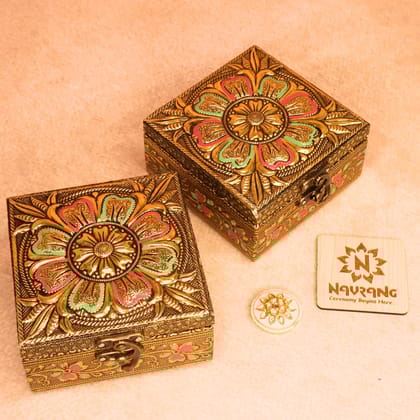 NAVRANG Decorative Wooden Jewellery Box � Small Multipurpose Vanity Storage Box for Women | Handcrafted Golden Trinket Organizer | Return Gift Item (Pack of 2)