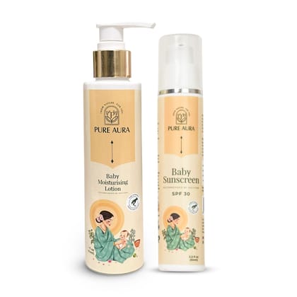 Pure Aura Baby’s 3-in-1 Protection Kit | Ayurvedic SPF 30 Baby Sunscreen, Tear-Free Wash & Shampoo | Natural Care for Delicate Skin