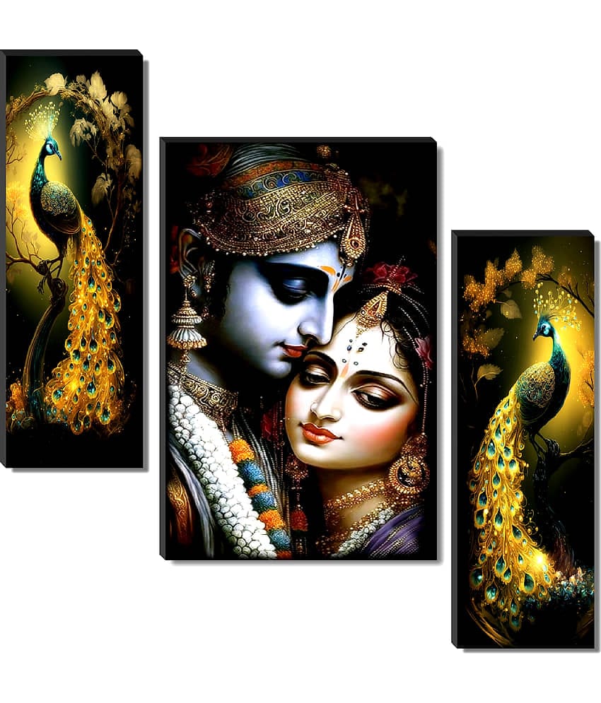 SAF Set of 3 Radha Krishna & Golden Peacock Wall Painting | Divine Love Art with Vibrant Feathers