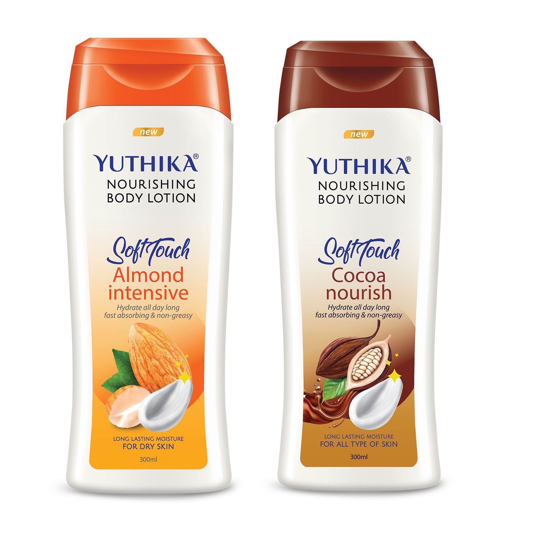 Yuthika Nourishing Body Lotion 300ml Combo Pack of 2, Non Greasy Almond and Cocoa Nourish Body Lotion for Women & Men
