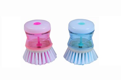 Nawani Set of 2 Dish/Washbasin Plastic Cleaning Brush with Liquid Soap Dispenser
