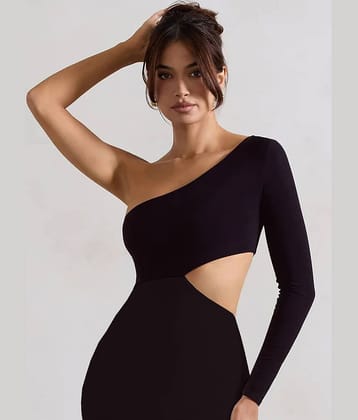clafoutis Women Spandex Self Design Bodycon Dress ( Black )