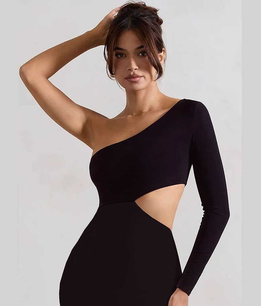 clafoutis Women Spandex Self Design Bodycon Dress ( Black )