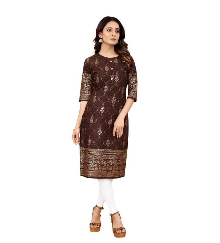 Women's Casual 3/4th Sleeve Foil Gold Printed Cotton Kurti (Brown, S)-PID46150