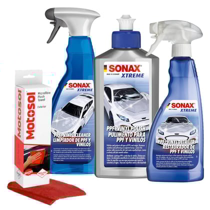 SONAX Car PPF & Vinyl Care Kit | Xtreme PPF + Vinyl Cleaner (750ml), PPF + Vinyl Detailer (500ml), PPF + Vinyl Polish (250ml) | Microfiber Cloth (Pack of 2) Cleaning, Protection & Gloss Restoration