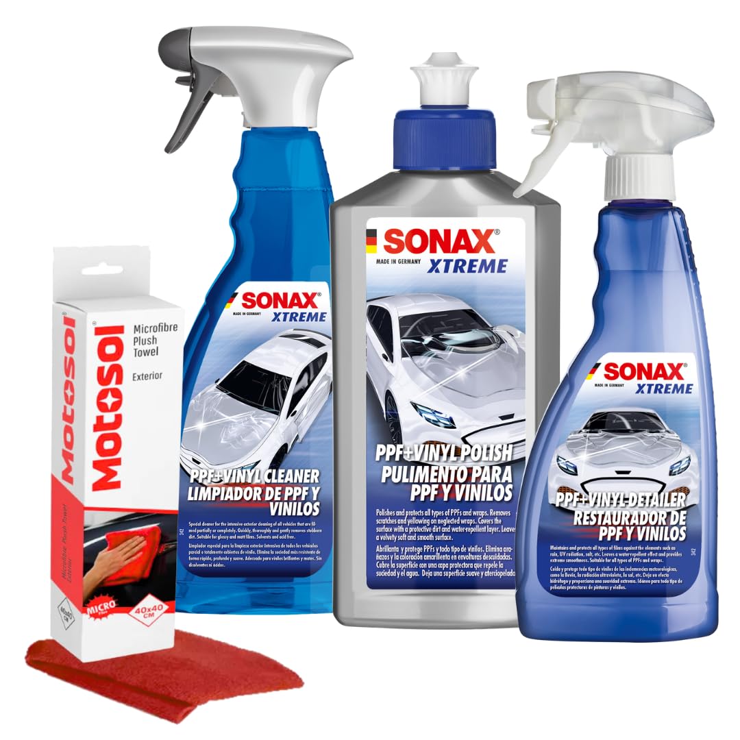 SONAX Car PPF & Vinyl Care Kit | Xtreme PPF + Vinyl Cleaner (750ml), PPF + Vinyl Detailer (500ml), PPF + Vinyl Polish (250ml) | Microfiber Cloth (Pack of 2) Cleaning, Protection & Gloss Restoration