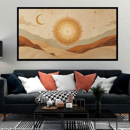 Luminary Solar Mandala Reverie – Celestial Sunburst Museum-Quality Cotton Canvas Art for Bedroom Décor | Frame Size (127 X 69 Cm) | Frame Type (Black) | 5-Year Warranty