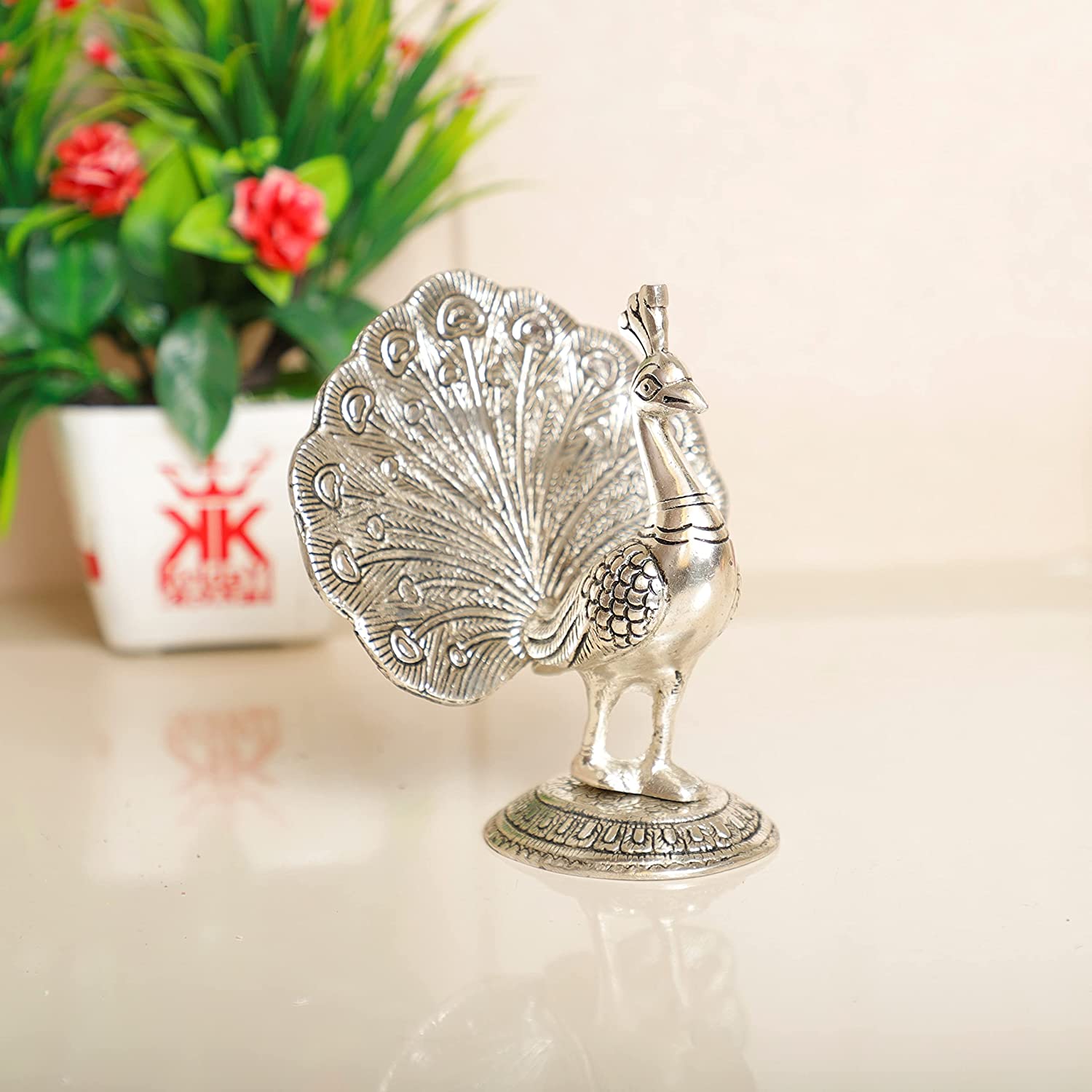 DreamKraft Peacock Metal Statue, Silver Plated Peacock Showpiece Idol