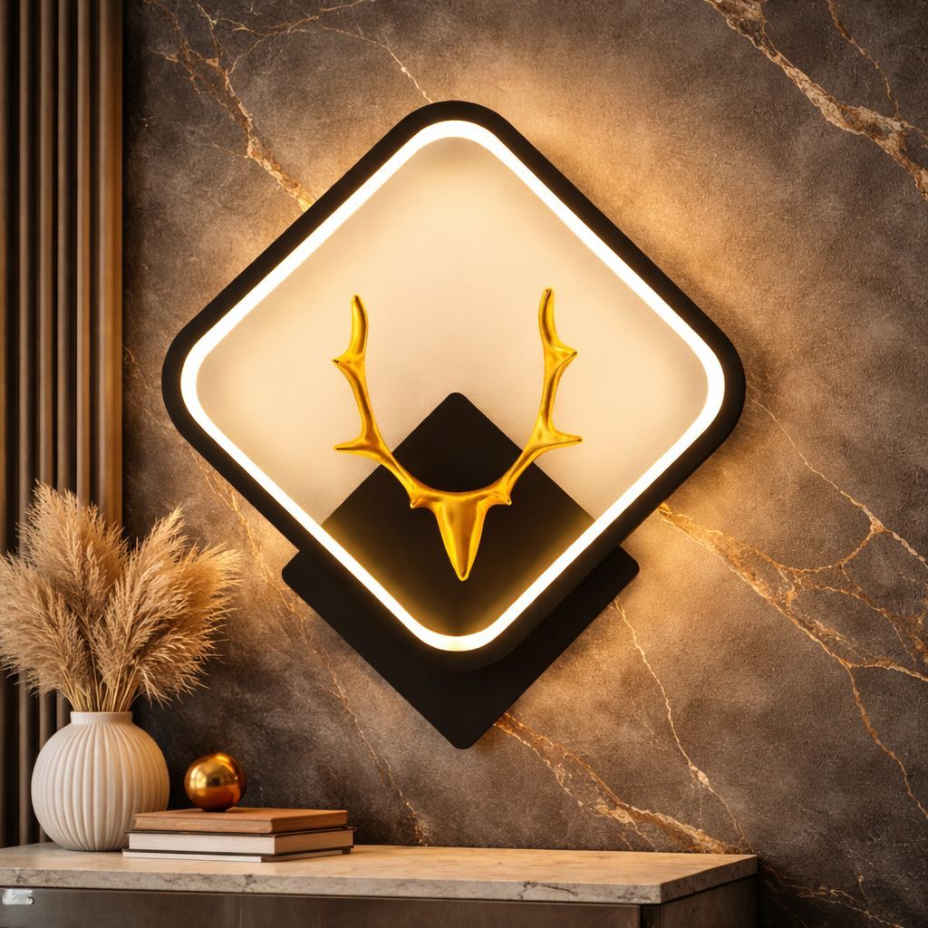 SPARKWORLD Square Deer LED Wall Light | Black Finish Decorative Wall Lamp with Golden Antler | Free Size | Modern Accent Lighting | Colour: Square Black