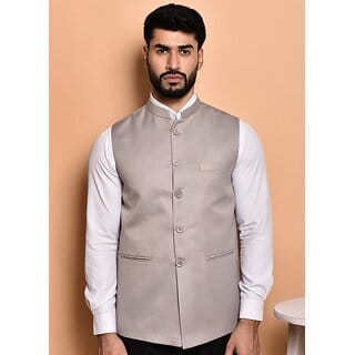PrintCulture Men Solid Grey Cotton Blend Nehru Jacket