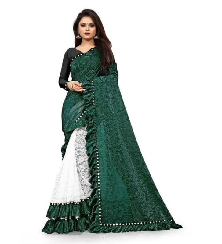 Women's Silk With Mirror Lace Solid Saree With Unstitched Blouse (Green, 5-5 Mtrs)-PID55711